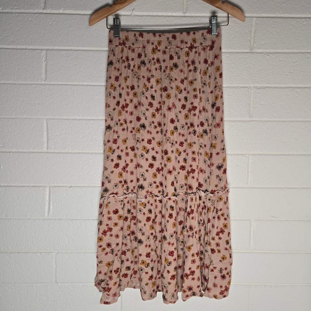Hayden Los Angeles Midi Skirt Medium Pink Tiered Boho Hippie Garden Floral